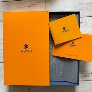 Wensli Blue Silk Scarf Geometric Peacock Design